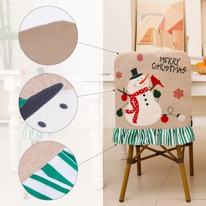 Linen Christmas chair cover featuring snowman, red bird embroidery and striped ruffle trim