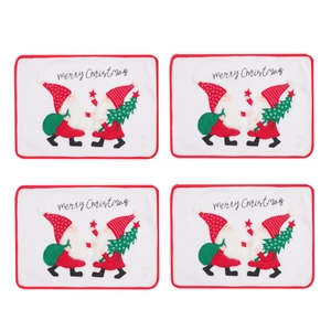 Set of four Christmas gnome placemats with embroidered Merry Christmas text on white fabric