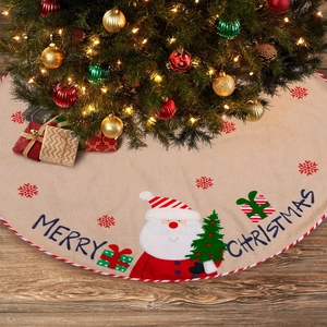 Burlap Style Christmas Tree Skirt With Santa Snowman Merry Christmas Embroidery For Home Hotel Restaurant Holiday Tree Decoration