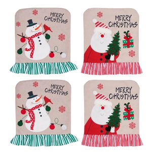 Set of four linen Christmas chair back covers with festive Santa and snowman prints