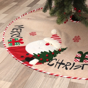 Linen Christmas tree skirt with Santa and tree embroidery for holiday decoration