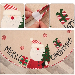 Linen Christmas tree skirt with Santa Claus embroidery and Merry Christmas text decor