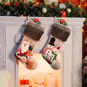 Large Linen Christmas Stocking With Plush Trim Applique Santa Claus Snowman Reindeer Embroidered Xmas Hanging Gift Bag For Fireplace Holiday Home Decor