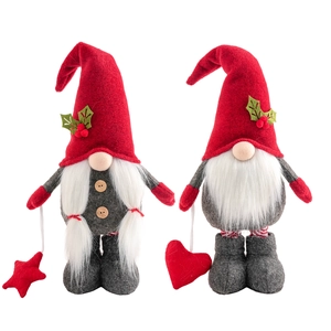 Pair of glowing Christmas gnomes with retractable legs in red and grey festive outfits