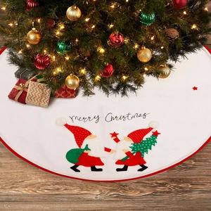 Jupe de sapin de Noël blanche et rouge avec gnomes brodés et texte Merry Christmas