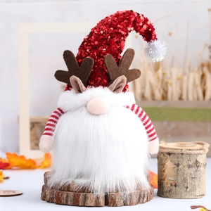 Gnomo de Navidad luminoso con astas de lentejuelas, música y base de madera giratoria