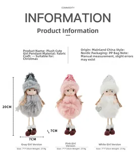 Detailed size specifications for plush angel Christmas tree hanging decorations in 3 colors