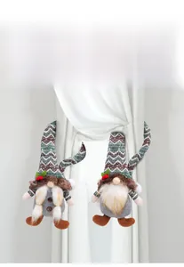 Christmas gnome curtain buckles with long arms holding a white curtain in a pair set