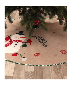 Gonna per albero di Natale in lino con ricamo pupazzo di neve e testo Merry Christmas