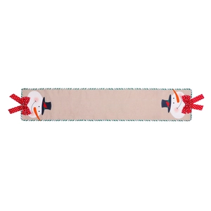 Christmas burlap table runner with embroidered snowmen and red polka dot bows