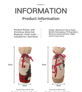 Linen Christmas wine bottle cover detail showing 31cm height and 14cm width dimensions