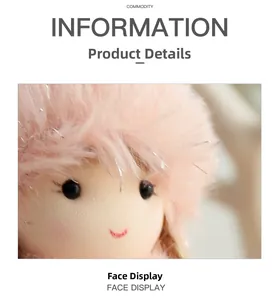Detailed macro view of pink plush angel ornament face with cute embroidered features
