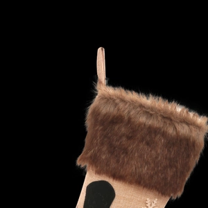 Christmas stocking with plush brown fur collar, burlap texture, and snowflake embroidery