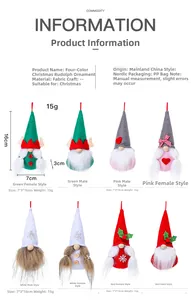 Detailed view showing eight styles of Christmas gnome ornaments with 16cm height dimensions