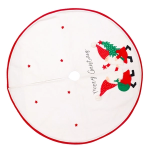 Tapis de sapin de Noël blanc avec gnomes brodés et texte festif Merry Christmas
