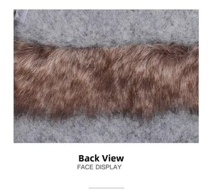 Close-up of the grey fabric texture and brown faux fur trim on the Christmas curtain buckle