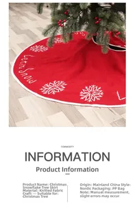Close-up of red knitted Christmas tree skirt featuring Let it Snow white snowflake embroidery
