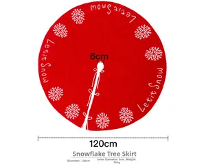 Detail of red Christmas tree skirt featuring Let it Snow embroidery and white snowflakes