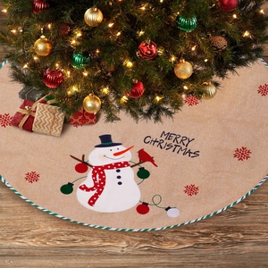 Gonna per albero di Natale in lino con ricamo a pupazzo di neve e scritta Merry Christmas