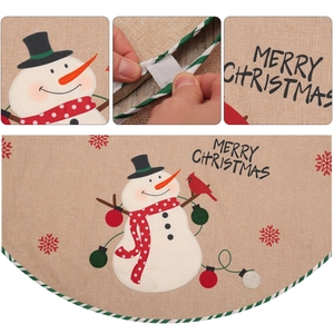 Gonna per albero di Natale in lino con ricamo a pupazzo di neve e scritte festive