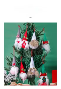 Close-up of festive Christmas gnomes with faux fur beards and red hanging strings