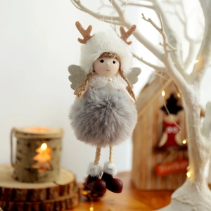 Christmas plush reindeer angel hanging ornament with silver wings and pearl lace details