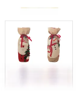 Detail of burlap Christmas wine bottle covers featuring Santa Claus and Snowman embroidery