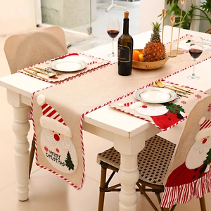 Christmas Table Runner Linen Look Santa Snowman Embroidered Holiday Dining Table Decoration Festive Home Party Decor