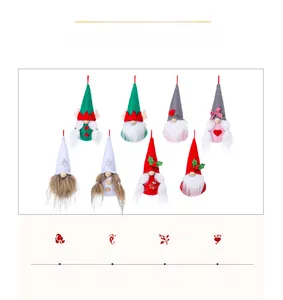 Detail showing eight Christmas gnome ornaments with felt hats and festive sequins