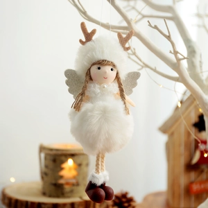 White plush Christmas angel ornament with reindeer antlers and silver glitter wings