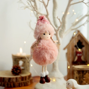Pink plush angel Christmas tree ornament with knit hat for festive holiday home decoration