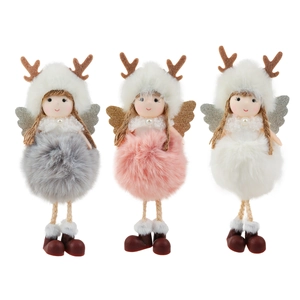 Three plush Christmas angel ornaments with reindeer antlers in grey, pink, and white colors