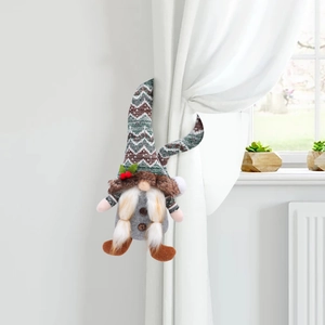 Christmas gnome curtain tieback with a grey knitted hat and white beard decoration