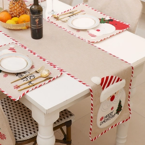 Christmas burlap table runner and placemat set with Santa Claus embroidery decor