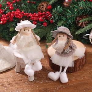 Set of two plush Christmas angel hanging ornaments with fluffy tops and tulle skirts