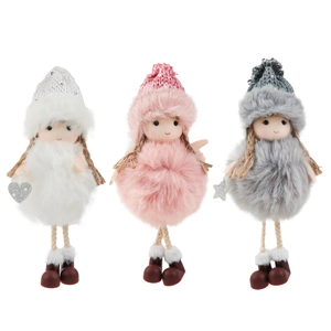 Three-piece plush angel doll Christmas tree ornaments in white pink and gray designs