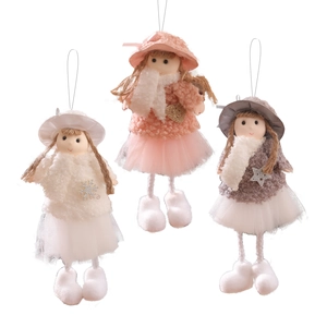 Three plush Christmas angel dolls in pink beige and purple for tree hanging decoration