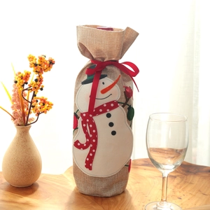 Christmas snowman burlap wine bottle cover with embroidery for festive table decor