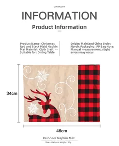 Detail view of Christmas placemat with reindeer and red black plaid patterns