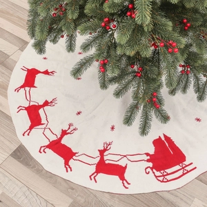 Gonna per albero di Natale in maglia bianco crema con motivi jacquard di renne e slitte rossi