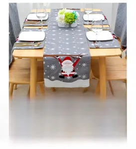 Christmas table runner and placemats with Santa embroidery on grey linen fabric