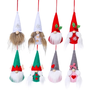 Set of 8 colorful Christmas gnome ornaments with plush faux fur and heart embroidery
