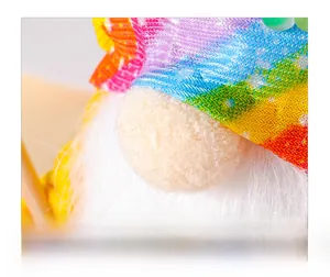 Detailed close-up of a rainbow gnome featuring a knit hat and white plush beard