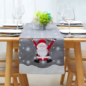 Christmas Table Runner Grey Linen Style Embroidered Santa Claus Snowflake Festive Hotel Restaurant Home Dining Table Decoration