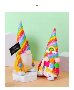 Close-up of colorful rainbow birthday gnomes with Happy Birthday sign and striped hats