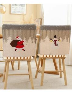 Christmas chair covers set with Santa and Snowman motifs on beige knit fabric