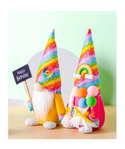 Detailed view of colorful birthday gnomes with rainbow hats and happy birthday sign