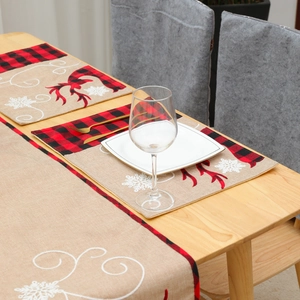 Christmas burlap table runner and placemat set with reindeer embroidery and buffalo plaid