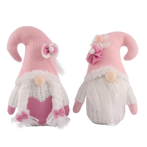 Pair of pink and white Valentine's Day knitted gnomes with flowers and hearts