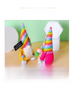 Close-up of rainbow birthday gnomes with sequined hats and Happy Birthday sign